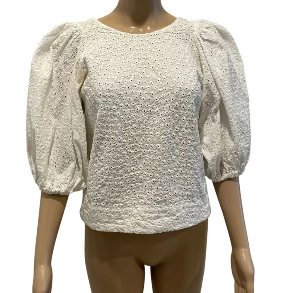 Zara Elegant White Eyelet Puff Sleeve Top Size XS